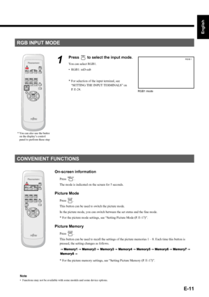 Page 11
E-11
English
Deutsch
Espa
ñol
Fran
çais
Italiano
Portugu
ês
日 本 語
Póññêèé
中文
RGB INPUT MODE
1
Press ) to select the input mode.
You can select RGB1.
• RGB1: mD-sub
* For selection of the input terminal, see  “SETTING THE INPUT TERMINALS” on 
P. E-24.
CONVENIENT FUNCTIONS
On-screen information
Press 3.
The mode is indicated on the screen for 5 seconds.
Picture Mode
Press 4.
This button can be used to  switch the picture mode.
In the picture mode, you can switch betwee n the set status and the fine mode....