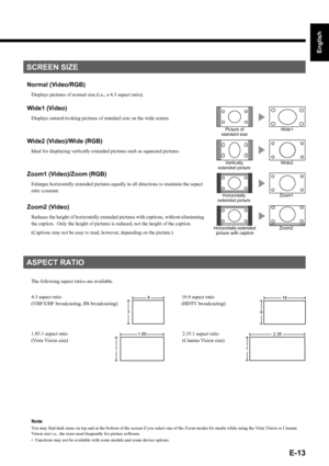 Page 13
E-13
English
Deutsch
Espa
ñol
Fran
çais
Italiano
Portugu
ês
日 本 語
Póññêèé
中文
Normal (Video/RGB)
Displays pictures of normal size (i.e., a 4:3 aspect ratio).
Wide1 (Video)
Displays natural-looking pictures of standard size on the wide screen.
Wide2 (Video)/Wide (RGB)
Ideal for displaying vertical ly extended pictures such as squeezed pictures.
Zoom1 (Video)/Zoom (RGB)
Enlarges horizontally extended pictures equall y in all directions to maintain the aspect 
ratio constant.
Zoom2 (Video)
Reduces the...