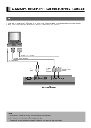 Page 20E-8
 PC
•As the cable for connecting a PC differs with the PC model, please consult your dealer for information on the right cable to purchase.
•The PC can be connected to either the front side or the rear side, whichever is most convenient.
To RGB output (mD-sub)
To audio outputTo RGB output (DVI-D)
To RGB1 input
(DVI-D) To audio
inputTo RGB2
input
(mD-sub)
Note
•Unplug the power cord from the AC outlet before you connect external components.
•Also refer to the instructions for the component to be...