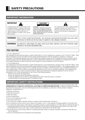 Page 14E-2
SAFETY PRECAUTIONS
IMPORTANT INFORMATION
WARNING:This is a Class A and Class B product.  In a domestic environment this product may cause radio
interference in which case the user may be required to take adequate measures.
WARNING:TO REDUCE THE RISK OF FIRE AND ELECTRIC SHOCK, DO NOT EXPOSE THIS
PRODUCT TO RAIN OR MOISTURE.
FCC NOTICE
•A Class A digital device
This equipment has been tested and found to comply with the limits for a Class A digital device, pursuant to Part 15 of the FCC Rules.  These...