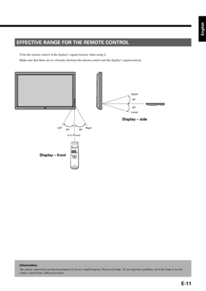 Page 23E-11
English
EFFECTIVE RANGE FOR THE REMOTE CONTROL
Point the remote control at the display’s signal receiver when using it.
Make sure that there are no obstacles between the remote control and the display’s signal receiver.
Information
The remote control may not function properly if you use a high-frequency fluorescent lamp.  If you experience problems, move the lamp or use the
remote control from a different position.
Display – front
Right Left
5 m (Front)
Display – side
Upper
Lower
30° 30°20°
20°...