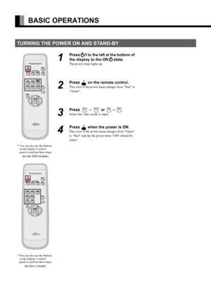 Page 26E-12
BASIC OPERATIONS
TURNING THE POWER ON AND STAND-BY
1
Press/I to the left at the bottom of 
the display to the ON
state.
The power lamp lights up.
2
Press  on the remote control.
The color of the power lamp changes from “Red” to 
“Green”.
3
Press  – & or ) – *.
Select the video mode to input.
4
Press  when the power is ON.
The color of the power lamp changes from “Green” 
to “Red” and the the power turns “OFF (Stand-by 
state)”.
* You can also use the buttons 
on the display’s control 
panel to...