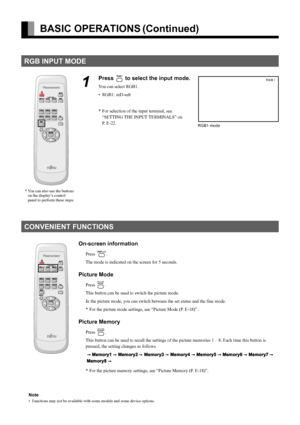 Page 12E-12
BASIC OPERATIONS (Continued)
RGB INPUT MODE
1
Press ) to select the input mode.
You can select RGB1.
• RGB1: mD-sub
* For selection of the input terminal, see  
“SETTING THE INPUT TERMINALS” on 
P. E-22.
CONVENIENT FUNCTIONS
On-screen information
Press 3.
The mode is indicated on the screen for 5 seconds.
Picture Mode
Press 4.
This button can be used to switch the picture mode.
In the picture mode, you can switch between the set status and the fine mode.
* For the picture mode settings, see “Picture...