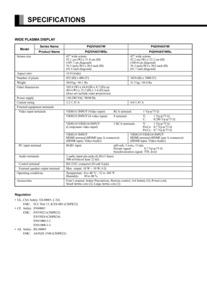 Page 28E-28
SPECIFICATIONS
WIDE PLASMA DISPLAY
ModelSeries Name P42VHA51W P42HHA51W
Product Name P42VHA51WSbP42HHA51WSb
Screen size  42” wide screen:
92.1 cm (W) x 51.8 cm (H) 
(105.7 cm diagonal)
36.3 inch (W) x 20.4 inch (H) 
(41.6 inch diagonal) 42” wide screen:
92.2 cm (W) x 52.2 cm (H) 
(106.0 cm diagonal)
36.3 inch (W) x 20.6 inch (H) 
(41.7 inch diagonal)
Aspect ratio  16:9 (wide) 
Number of pixels  852 (H) x 480 (V) 1024 (H) x 1080 (V)
Weight  30.0 kg / 66.1 lbs 31.5 kg / 69.4 lbs
Outer dimensions...