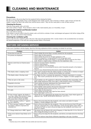 Page 30E-30
CLEANING AND MAINTENANCE
Precautions
Be sure to remove the power plug from the receptacle before cleaning the display.
Be sure not to clean the display using a cloth dampened with volatile solvents, such as benzene or thinner.  Such solvents can harm the 
display’s cabinet, the filter at the screen front, and the remote control.  They can also cause paint to come off these sections.
Cleaning the Screen
Clean the screen gently with a soft cloth.
The screen surface is fragile.  Never attempt to clean...