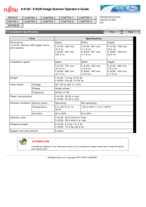Page 206
fi-6130 / fi-6230 Image Scanner Operators Guide
 
 
 
TROUBLESHOOTING 
CONTENTS MAP 
TOP    
 
   9.2 Installation Specifications 
 
 
Item Specification
Dimensions 
(fi-6130: Without ADF paper chute 
and stacker) Depth
WidthHeight
fi-6130: 160 mm  
(6.4 in)  
fi-6230: 567 mm 
(22.9 in)  fi-6130: 301 mm 
(11.8 in)  
fi-6230: 301 mm 
(11.8 in) fi-6130: 158 mm 
(6.2 in)  
fi-6230: 229 mm 
(9.0 in) 
Installation space DepthWidthHeight
fi-6130: 700 mm 
(27.6 in)  
fi-6230: 800 mm 
(31.5 in)  fi-6130: 400 mm...