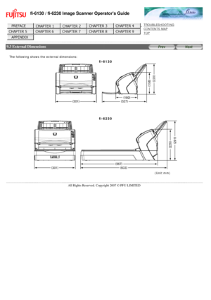 Page 207
fi-6130 / fi-6230 Image Scanner Operators Guide
 
 
 
TROUBLESHOOTING 
CONTENTS MAP 
TOP    
 
 9.3 External Dimensions
 
 
 
The following shows the external dimensions:
fi-6130 
    
 
fi-6230 
 
(Unit:mm) 
 
 
All Rights Reserved. Copyright 2007 © PFU LIMITED 