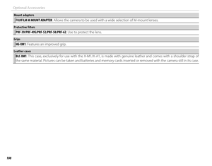 Page 124108
Optional Accessories
Mount adaptersMount adaptersFUJIFILM M MOUNT ADAPTER: Allows the camera to be used with a wide selection of M-mount lenses.
Protective fi  ltersProtective fi  ltersPRF-39/PRF-49S/PRF-52/PRF-58/PRF-62: Use to protect the lens.
GripsGripsHG-XM1: Features an improved grip.
Leather casesLeather casesBLC-XM1 : This case, exclusively for use with the X-M1/X-A1, is made with genuine leather and comes with a shoulder strap of 
the same material. Pictures can be taken and batteries and...