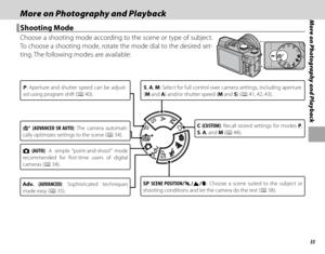Page 4933
More on Photography and PlaybackMore on Photography and PlaybackMore on Photography and Playback
 Shooting Mode Shooting  Mode
Choose a shooting mode according to the scene or type of subject. 
To choose a shooting mode, rotate the mode dial to the desired set-
ting. The following modes are available:
S (ADVANCED SR AUTO) : The camera automati-
cally optimizes settings to the scene (P 34).
B (AUTO) : A simple “point-and-shoot” mode 
recommended for fi rst-time users of digital 
cameras (P 34).
SP...