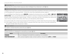 Page 9074
Using the Menus: Shooting Mode
 C C PHOTOMETRY PHOTOMETRY
Choose how the camera meters exposure when Intelligent Face Detection is off   (P 56).
  b  b  FACE DETECTION  FACE  DETECTION
Intelligent Face Detection sets focus and exposure for human faces anywhere in the frame, preventing the camera from focusing 
on the background in group portraits.  Choose for shots that emphasize portrait subjects.
To use Intelligent Face Detection, press MENU/OK to display the shooting menu and select ON for b  FACE...