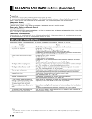 Page 58E-58
CLEANING AND MAINTENANCE (Continued)
Precautions
Be sure to remove the power plug from the receptacle before cleaning the display.
Be sure not to clean the display using a cloth dampened with volatile solvents, such as benzene or thinner.  Such solvents can harm the 
display’s cabinet, the filter at the screen front, and the remote control.  They can also cause paint to come off these sections.
Cleaning the Screen
Clean the screen gently with a soft cloth.
The screen surface is fragile.  Never...