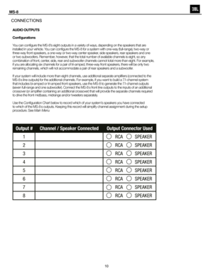 Page 11
CTiONsEnglish
AUDIO OUTPUTS
Configurations
 
You can configure the MS-8’s eight outputs in a variety of ways, depending on the speakers that are 
installed in your vehicle. You can configure the MS-8 for a system with one-way (full-range), two-way or 
three-way front speakers, a one-way or two-way center speaker, side speakers, rear speakers and one 
or two subwoofers. Remember, however, that the total number of available channels is eight, so any 
combination of front, center, side, rear and subwoofer...