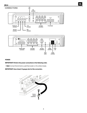 Page 5
www.jbl.com
POWER
IMPORTANT: Perform the power connections in the following order.
1.  Gnd:  Connect this terminal to a paint-free location on the vehicle chassis. 
IMPORTANT: Use at least 12-gauge wire for this connection.
EnglishCONN e CT i ON s
REMOVE
FOR
SOFTWARE UPDA TE
25A 
fuse
Mic 
connection
Line input
connections Hi Level input
Remote out
connection
Speaker outputconnections Line output
connections Aux input
connections Display
connection Power
LED
Reset
button Update
connection
+12V...