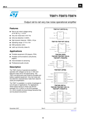 Page 69
December 2007   Rev 6 1/17
17
TS971-TS972-TS974
Output rail-to-rail very low noise operational amplifier
Features
■Rail-to-rail output voltage swing
±2.4V @ V
CC = ±2.5V
■Very low noise level: 4nV/ √Hz 
■Ultra low distortion: 0.003%
■High dynamic features: 12MHz, 4V/µs
■Operating range: 2.7V to 10V
■ESD protection (2kV)
■Latch-up immunity (class A)
Applications
■Portable equipment (CD players, PDA)
■Portable communications (cell phones, 
pagers)
■Instrumentation & sensoring
■Professional audio circuits...