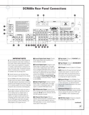 Page 1717
IMPORTANT NOTES
A. The AC plug connections should always be
the last connections made when installing an
A/V system. When making subsequent connec-
tions to audio source equipment or speakers, 
it is always a good practice to unplug the unit
from the AC wall outlet. This prevents the pos-
sibility of sending audio or transient signals to
the speakers that may damage them.
B. Connect devices as per the Quick Setup
Guide or per pages 6 through 8 of this manual.
C. The DCR600IIoffers both composite and...