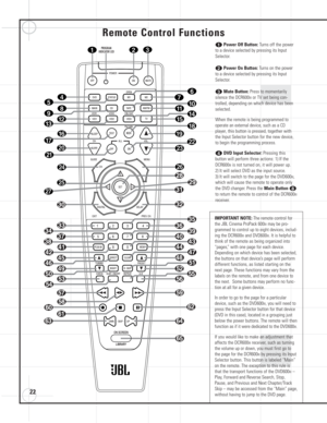 Page 2222
Remote Control Functions
IMPORTANT NOTE:The remote control for
the JBL Cinema ProPack 600
IImay be pro-
grammed to control up to eight devices, includ-
ing the DCR600
IIand DVD600II. It is helpful to
think of the remote as being organized into
“pages,” with one page for each device.
Depending on which device has been selected,
the buttons on that device’s page will perform
different functions, as listed starting on the
next page. These functions may vary from the
labels on the remote, and from one...