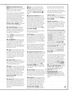 Page 2525
Preset Up/Down/Slow-Play
Buttons:
When the tuner is in use, press these
buttons to scroll through the stations pro-
grammed into the receiver’s memory.  
When a DVD disc is playing and the DVD600
II
has been selected, press these buttons to
move forward or backward through the disc in
slow speed. Each press of these buttons
changes the slow-play speed in the following
order: 1/16 Normal Speed 
➔1/8 Normal
Speed 
➔1/4 Normal Speed ➔1/2 Normal
Speed. To resume normal play, press the
Play/Pause Button....