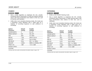 Page 113MODE ADJUSTJBL Synthesis
5-10
CATHEDRAL
•Similar to the CHURCH listening mode.
•Uses a reverb algorithm to emphasize the rich, smooth,
reverberant decay characteristic of large listening spaces with
long reverberation time relative to their size, such as
cathedrals.
•Unlike other room simulation listening modes, this mode uses
a proprietary reverb algorithm that is relied upon by a
majority of recording engineers to add ambience to
recordings.
Option/ Default Possible
Parameter Setting Settings
CENTER...