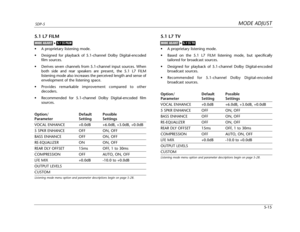 Page 118MODE ADJUSTSDP-5
5-15
5.1 L7 FILM
•A proprietary listening mode.
•Designed for playback of 5.1-channel Dolby Digital-encoded
film sources.
•Derives seven channels from 5.1-channel input sources. When
both side and rear speakers are present, the 5.1 L7 FILM
listening mode also increases the perceived length and sense of
envelopment of the listening space.
•Provides remarkable improvement compared to other
decoders.
•Recommended for 5.1-channel Dolby Digital-encoded film
sources.
Option/ Default Possible...