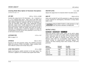 Page 135MODE ADJUSTJBL Synthesis
5-32
Listening Mode Menu Option & Parameter Descriptions
(continued from page 5-31)
LFE MIX-20.0 or -10.0 to +0.0dB
Controls the output level of LFE information – the .1 channel in a
5.1- or 6.1-channel input source – that is sent to the Main Zone
audio output labeled Subwoofer. Low frequencies from up to seven
other channels might be combined with the LFE information to
create the subwoofer output signal, which significantly increases
subwooferoutput levels. Careful adjustment...