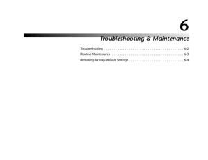 Page 1406
Troubleshooting & Maintenance
Troubleshooting . . . . . . . . . . . . . . . . . . . . . . . . . . . . . . . . . . . . . . . . . . 6-2
Routine Maintenance . . . . . . . . . . . . . . . . . . . . . . . . . . . . . . . . . . . . . . 6-3
Restoring Factory-Default Settings . . . . . . . . . . . . . . . . . . . . . . . . . . . . . 6-4 