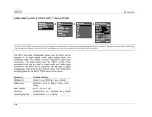 Page 45SETUPJBL Synthesis
3-6 The SDP-5 has eight configurable inputs, each of which can be
assigned to its eight digital audio, eight analog audio, five
composite video, five S-video, or three component video input
connectors. The table below lists the INPUT SETUP menu
parameters that can be used to assign audio and video input
connectors. The ANLG IN LVL parameter can be used to adjust
analog audio input levels for the selected input. These parameters
are highlighted on the INPUT SETUP menu shown above....