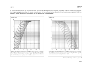 Page 66SETUPSDP-5
3-27
Highpass Filter
Highpass filters attenuate low frequencies at 24dB per octave. The curves in the graph
above indicate the frequency response of each crossover setting. From left to right, the
curves represent crossover settings from 30 to 120Hz. The graph above does not
show the THX 80Hz crossover point, which is 12dB per octave.
10 20 50 100 200 500 1k dB
0
0
-12
-24
-36
-48
0
0
-60
Hz
Lowpass Filter
Lowpass filters attenuate high frequencies at 24dB per octave. The curves in the graph...