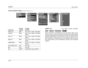 Page 67CUSTOM SETUP
FRONT L/R 40Hz
CENTER 80Hz
SIDE L/R 80Hz
REAR L/R 80Hz
SUBWOOFER 80Hz
THXULTRA2 SUB OFF
BGC N/A
ASA APART
SETUPJBL Synthesis
3-28
FRONT L/RFULL, 30Hz to 120Hz, THX 80Hz
Opens the FRONT L/R SPEAKERS menu shown above, which can be
used to select a crossover point for the Main Zone audio output
connectors labeled Front L/R. When set to FULL, the SDP-5 sends a
full-range audio output signal to these connectors. Otherwise, the
SDP-5 activates a crossover point at the selected setting. Choose
the...