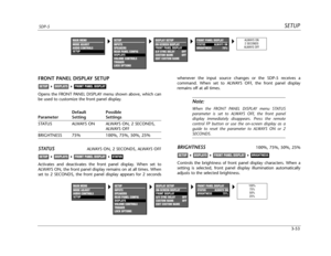 Page 92SETUPSDP-5
3-53
FRONT PANEL DISPLAY SETUP
Opens the FRONT PANEL DISPLAY menu shown above, which can
be used to customize the front panel display.
Default Possible
Parameter Setting Settings
STATUS ALWAYS ON ALWAYS ON, 2 SECONDS,
ALWAYS OFF
BRIGHTNESS 75% 100%, 75%, 50%, 25%
STATUSALWAYS ON, 2 SECONDS, ALWAYS OFF
Activates and deactivates the front panel display. When set to
ALWAYS ON, the front panel display remains on at all times. When
set to 2 SECONDS, the front panel display appears for 2 seconds...