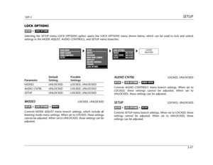 Page 96SETUPSDP-5
3-57 Default Possible
Parameter Setting Settings
MODES UNLOCKED LOCKED, UNLOCKED
AUDIO CNTRL  UNLOCKED LOCKED, UNLOCKED
SETUP UNLOCKED LOCKED, UNLOCKED
MODESLOCKED, UNLOCKED
Controls MODE ADJUST menu branch settings, which include all
listening mode menu settings. When set to LOCKED, these settings
cannot be adjusted. When set to UNLOCKED, these settings can be
adjusted.
MODESLOCK OPTIONSSETUP
AUDIO CNTRLLOCKED, UNLOCKED
Controls AUDIO CONTROLS menu branch settings. When set to
LOCKED, these...