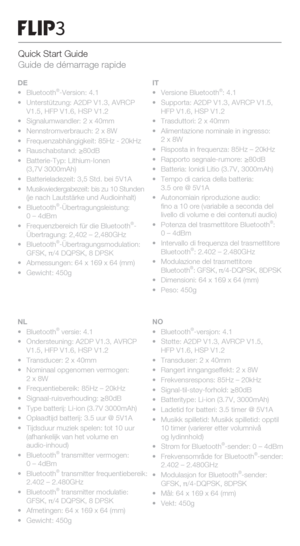 Page 12Quick Start Guide 
Guide de démarrage rapide
DE
• Bluetooth®-Version: 4.1
•  Unterstützung: A2DP V1.3, AVRCP 
  V1.5, HFP V1.6, HSP V1.2
•  Signalumwandler: 2 x 40mm
•  Nennstromverbrauch: 2 x 8W
•  Frequenzabhängigkeit: 85Hz - 20kHz
•  Rauschabstand: ≥80dB
•  Batterie-Typ: Lithium-Ionen 
  (3,7V 3000mAh)
• Batterieladezeit:  3,5 Std. bei 5V1A
•  Musikwiedergabezeit: bis zu 10 Stunden 
  (je nach Lautstärke und Audioinhalt) 
• Bluetooth
®-Übertragungsleistung: 
  0 – 4dBm
•  Frequenzbereich für die...