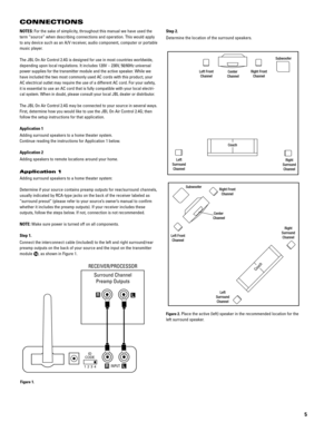 Page 55
NOTES: For the sake of simplicity, throughout this manual we have used the
term “source” when describing connections and operation. This would apply
to any device such as an A/V receiver, audio component, computer or portable
music player.
The JBL On Air Control 2.4G is designed for use in most countries worldwide,
depending upon local regulations. It includes 120V – 230V, 50/60Hz universal
power supplies for the transmitter module and the active speaker. While we
have included the two most commonly...