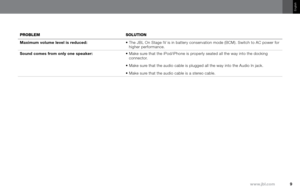Page 99
www.jbl.com
English
prOBleM sOlutIOn
maximum volume level is reduced: •		The 	JBL 	On 	Stage 	IV 	is 	in 	battery 	conservation 	mode 	(BCM). 	Switch 	to 	AC 	power 	for	
higher performance.
sound comes from only one speaker: •		Make 	sure 	that 	the 	iPod/iPhone 	is 	properly 	seated 	all 	the 	way 	into 	the 	docking	
connector.
•		 Make	sure	that	the	audio	cable	is	plugged	all	the	way	into	the	Audio	In	jack.
•		 Make	sure	that	the	audio	cable	is	a	stereo	cable. 