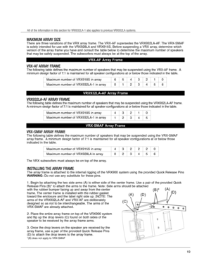 Page 19INSTALLING THE ARRAY FRAME
The array frame is attached to the internal rigging of the VRX900 system\
 using the provided Quick Release Pins
WARNING:Do not use any substitute for these pins. 
1. Begin by attaching the two side arms (A) to either side of the cent\
er frame. Use a pair of the provided Quick
Release Pins (B)* to attach the arms to the frame. Note: Side arms sho\
uld be attached
with the rubber bumper facing up and away from the center
frame. The center frame is installed with the rubber...