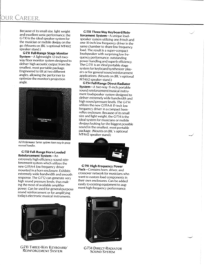 Page 4Because of its small size, light weight 
and excellent sonic performance, the 
G-730 is the ideal speaker system for 
the musician or mobile deejay on the 
go. (Mounts on IBL’s optional MT4612 
speaker stand.) 
G-731 
Full-Range Stage Monitor 
System-A 
lightweight 12-inch two- 
way floor monitor system designed to 
deliver high acoustic output from the 
smallest, most portable package. 
Engineered to tilt at two different 
angles, allowing the performer to 
optimize the monitor’s projection 
angle. 
All...