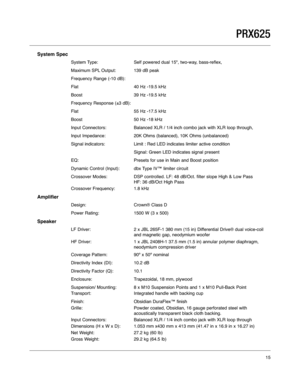 Page 15System Spec
System Type: Self powered dual 15", two-way, bass-reflex,
Maximum SPL Output:139 dB peak
Frequency Range (-10 dB): 
Flat40 Hz -19.5 kHz
Boost39 Hz -19.5 kHz
Frequency Response (±3 dB):
Flat55 Hz -17.5 kHz
Boost50 Hz -18 kHz
Input Connectors: Balanced XLR / 1/4 inch combo jack with XLR loop through,
Input Impedance: 20K Ohms (balanced), 10K Ohms (unbalanced)
Signal indicators: Limit : Red LED indicates limiter active condition
Signal: Green LED indicates signal present
EQ:Presets for use...
