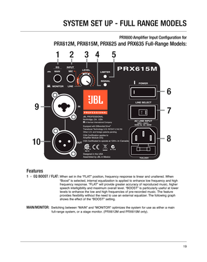 Page 19SYSTEM SET UP - FULL RANGE MODELS
PRX600 Amplifier Input Configuration for 
PRX612M, PRX615M, PRX625 and PRX635 Full-Range Models:
1234 5
67
8
9
10
Features
1  -  EQ BOOST / FLAT :When set in the “FLAT” position, frequency response is linear and unaltered. When 
“Boost” is selected, internal equalization is applied to enhance l\
ow frequency and high 
frequency response. “FLAT” will provide greater accuracy of reproduced music, higher
speech intelligibility and maximum overall level. “BOOST” is parti\...