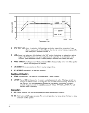 Page 202  - INPUT  MIC / LINE:Allows the selection of different input sensitivities to permit the connection of many 
different sources, with or without the use of a mixer or external microphon\
e preamplifier.
See “Setting Input Sensitivity” on page 24.
3  - LEVEL:Sound level adjustment. With the input in the “MIC” position the l\
evel can be adjusted over a large 
range. In the “LINE” position most typical applications will requi\
re that the level control is set at 
12 o’clock. (More details are outlined in...