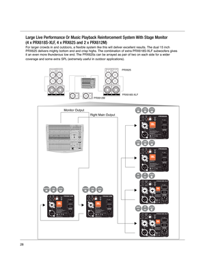 Page 28PRX625PRX618S-XLF
PRX612M
Right Main Output
Monitor Output
Large Live Performance Or Music Playback Reinforcement System With Stage Monitor 
(4 x PRX618S-XLF, 4 x PRX625 and 2 x PRX612M) 
For larger crowds in and outdoors, a flexible system like this will deli\
ver excellent results. The dual 15 inch
PRX625 delivers mighty bottom end and crisp highs. The combination of extra PRX618S-XLF subwoofers gives
it an even more thunderous low end. The PRX625s can be arrayed as pair of two on each side for a...