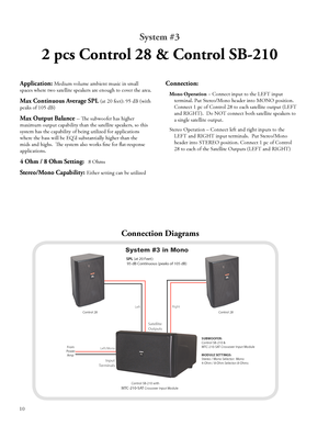 Page 12
System #3
2 pcs Control 28 & Control SB-210
Application: Medium volume ambient music in small 
spaces where two satellite speakers are enough to cover the area.   
Max Continuous Average SPL (at 20 feet): 95 dB (with 
peaks of 105 dB)
Max Output Balance -- The subwoofer has higher 
maximum output capability than the satellite speakers, so this 
system has the capability of being utilized for applications 
where the bass will be EQ’d substantially higher than the 
mids and highs.  The system also works...