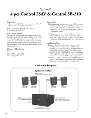 Page 16
SatelliteOutputs
LeftRight
      System #5 in Mono
  SPL (at 20 Feet):                94 dB Continuous (peaks of 104 dB)
MODULE SETTINGS:Stereo / Mono Selector:  Mono4-Ohm / 8-Ohm Selector: 4-Ohms
              Control SB-210 withMTC-210-SAT Crossover Input Module
Control 25AV  (8 ohm setting)Control 25AV  (8 ohm setting)Control 25AV  (8 ohm setting)Control 25AV  (8 ohm setting)
 FromPower Amp
Left/Mono
      InputTerminals

System #5
4 pcs Control 25AV & Control SB-210
Application
Medium volume,...