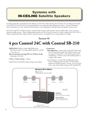 Page 18
SatelliteOutputs
LeftRight
      System #6 in Mono
  SPL (at 10 Feet):                96 dB Continuous (peaks of 106 dB)
 FromPower Amp
Left/Mono
SUBWOOFER:Control SB-210 &MTC-210-SAT Crossover Input Module
MODULE SETTINGS:Stereo / Mono Selector:  Mono4-Ohm / 8-Ohm Selector:  8-Ohms      InputTerminals
              Control SB-210 withMTC-210-SAT Crossover Input Module
Control 24C
Control 29AV-1    (8 Ohm Setting)
Control 24CControl 24CControl 24C

Systems with  
IN-CEILING Satellite Speakers...