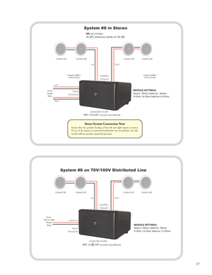 Page 19
SatelliteOutputs
System #6 on 70V/100V Distributed Line
       
      From70V or 100V     Power       Amp
Left/Mono
      InputTerminals
              Control SB-210 with
MTC-210T-SAT Crossover Input Module
MODULE SETTINGS:Stereo / Mono Selector:  Mono4-Ohm / 8-Ohm Selector:  8-Ohms
LeftRight
Control 24CControl 24CControl 24CControl 24C

SatelliteOutputs
     System #6 in Stereo
  SPL (at 10 Feet):                96 dB Continuous (peaks of 106 dB)
 FromPower Amp
Left
Right
MODULE SETTINGS:Stereo / Mono...