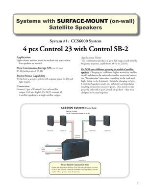 Page 9
Systems with SURFACE-MOUNT (on-wall) 
Satellite Speakers
Application Note:
This combination produces a great full-range sound with flat 
frequency response, usable from 38 Hz to 22 kHz.  
Do NOT use a different quantity or model of satellite 
speaker .
  Changing to a different, higher sensitivity, satellite 
model unbalances the subwoofer/satellite sensitivity balance 
(see “Consideration” notes above), resulting in the mids and 
highs being overly dominant.  Similarly, changing to fewer 
Control 23...
