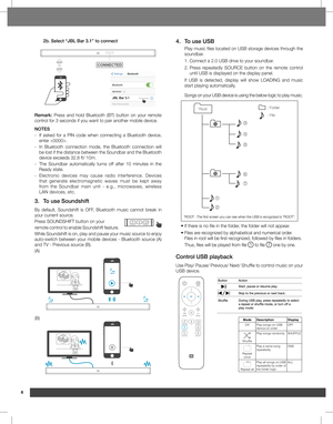 Page 66
2b. Select “JBL Bar 3.1” to connect
CONNECTED
SettingsBluetooth
Bluetooth
DEVICES
JBL Bar 3.1
Now Discoverable Connected
Remark:  Press and hold Bluetooth (BT) button on your remote
control for 3 seconds if you want to pair another mobile device.
NOTES
- If asked for a PIN code when connecting a Bluetooth device, enter .
- In Bluetooth connection mode, the Bluetooth connection will be lost if the distance between the Soundbar and the Bluetooth
device exceeds 32.8 ft/ 10m.
- The Soundbar automatically...