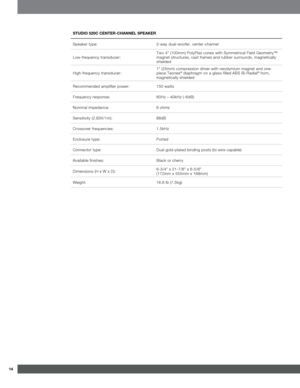 Page 1414
St\bdio 520C CENtER-CHANNEL SpEAkER
Speaker type: 2-way dual-woofer\f center-channel
Low-frequency transducer: Two 4" (100mm) PolyPlas cones with Symmetrical Field Geometry™ 
magnet structures\f cast frames and rubber surrounds\f magnetically 
shielded
High-frequency transducer: 1" (25mm) compression driver with neodymium magnet and one-
piece Teonex
\b diaphragm on a glass-filled ABS Bi-Radial\b horn\f 
magnetically shielded
Recommended amplifier power: 150 watts
Frequency response: 60Hz –...