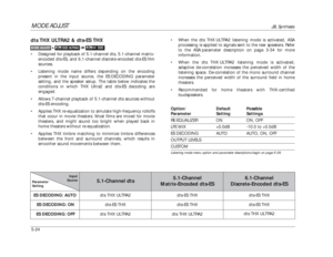 Page 127MODE ADJUST
JBL Synthesis
5-24dts THX ULTRA2 & dts-ES THX  •Designed for playback of 5.1-channel dts, 5.1-channel matrix-
encoded dts-ES, and 6.1-channel discrete-encoded dts-ES film
sources. 
•Listening mode name differs depending on the encoding
present in the input source, the ES DECODING parameter
setting, and the speaker setup. The table below indicates the
conditions in which THX Ultra2 and dts-ES decoding are
engaged.
•Allows 7-channel playback of 5.1-channel dts sources without
dts-ES encoding....