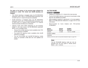 Page 128MODE ADJUST
SDP-5
5-25
dts THX MUSIC•Designed for playback of 5.1-channel dts music sources.
•The dts THX MUSIC listening mode cannot be activated unless
side and rear speakers are present.
•ASA processing is applied to signals sent to the rear speakers.
Refer to the ASA parameter description on page 3-34 for more
information.
•Recommended for home theaters with THX-certified
loudspeakers.
Option/ Default PossibleParameter Setting SettingsLFE MIX +0.0dB -10.0 to +0.0dBOUTPUT LEVELSCUSTOMListening mode...