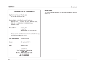 Page 147Appendix
JBL Synthesis
A-4
DECLARATION OF CONFORMITY
Application of Council Directive(s):
89/336/EEC and 93/68/EEC
Standard(s) to which Conformity is Declared:
EN55022:1994 + A1:1995 + A2:1997, EN55024:1998,
EN61000-3-2: 2000, EN61000-3-3:2000, and
EN60065: 1998
Manufacturer:Lexicon, Inc.
3 Oak Park
Bedford, MA  01730-1413  USA
The equipment identified here conforms to the Directive(s)
and Standard(s) specified above.
Type of Equipment:Digital Controller
Model:JBL Synthesis SDP-5
Date:February 2003...