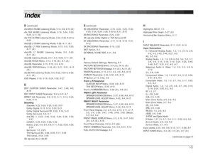 Page 162I-3 D 
(continued)
dts NEO:6 MUSIC Listening Mode, 3-14, 5-8, A-10 (ill.)
dts THX MUSIC Listening Mode, 3-16, 3-34, 5-22,
5-25, A-11 (ill.)
dts THX ULTRA2 Listening Mode, 3-34, 5-22, 5-24 to
5-25
dts(-ES) 2-CHAN Listening Mode, 5-26, A-11 (ill.)
dts(-ES) L7 FILM Listening Mode, 3-13, 5-3, 5-23,
A-11 (ill.)
dts(-ES) L7 MUSIC Listening Mode, 5-3, 5-23,
A-11 (ill.)
dts(-ES) Listening Mode, 3-41, 5-3, 5-26, A-11 (ill.)
dts(-ES) MODE Menu, 3-13, 3-16 (ill.), A-7 (ill.)
dts(-ES) Parameter, 3-13, 3-16, 5-3,...